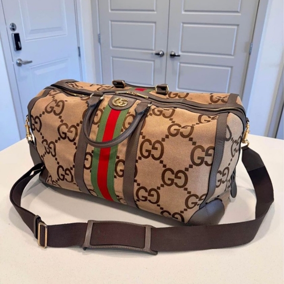 Gucci Monogram Jumbo GG Textured Dollar Calfskin Web Large Duffle  Camel Ebony - Picture 2 of 13